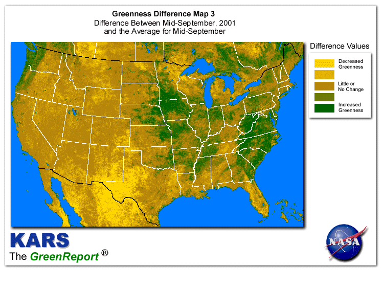 Color-coded U.S. vegetation greeness index map for Period 38 of 2001, illustrating spatial variations in plant vigor, with greener tones indicating higher biomass and browner tones indicating stressed vegetation,
              comparing current crop/vegetation change in biomass to the 20-year greenness average.