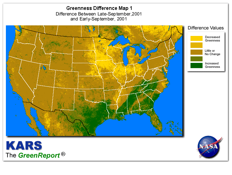 Color-coded U.S. vegetation greeness index map for Period 39 of 2001, illustrating spatial variations in plant vigor, with greener tones indicating higher biomass and browner tones indicating stressed vegetation,
              comparing current crop/vegetation change in biomass to the previous week within the same year.