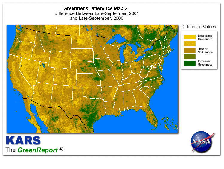 Color-coded U.S. vegetation greeness index map for Period 39 of 2001, illustrating spatial variations in plant vigor, with greener tones indicating higher biomass and browner tones indicating stressed vegetation,
              comparing current crop/vegetation change in biomass to same period from the previous year.
