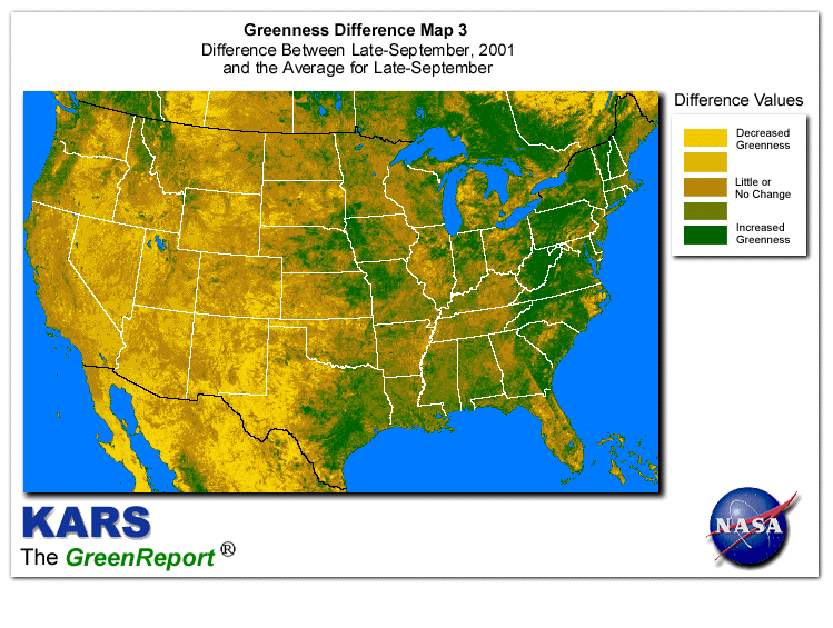 Color-coded U.S. vegetation greeness index map for Period 39 of 2001, illustrating spatial variations in plant vigor, with greener tones indicating higher biomass and browner tones indicating stressed vegetation,
              comparing current crop/vegetation change in biomass to the 20-year greenness average.