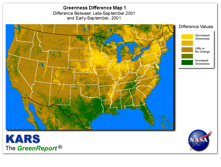 Color-coded U.S. vegetation greeness index map for Period 40 of 2001, illustrating spatial variations in plant vigor, with greener tones indicating higher biomass and browner tones indicating stressed vegetation,
              comparing current crop/vegetation change in biomass to the previous week within the same year.