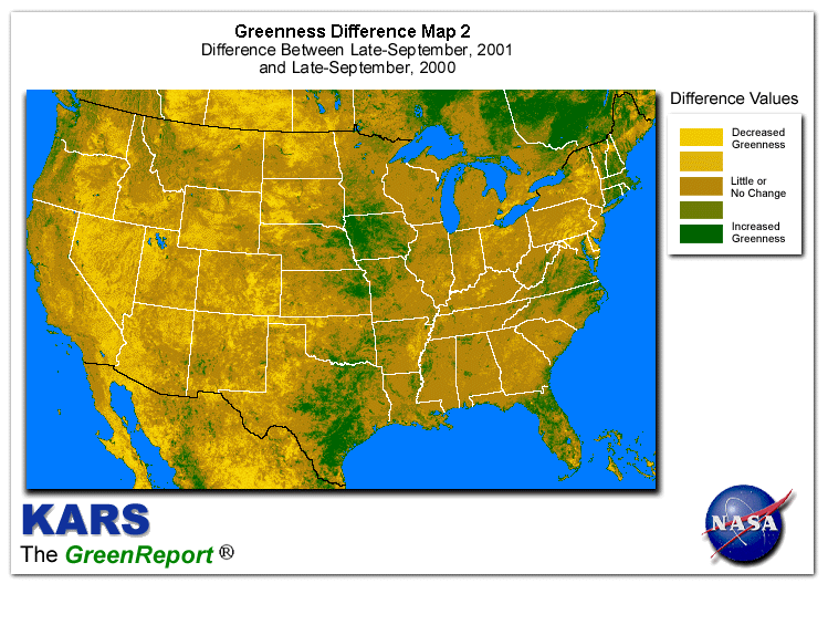 Color-coded U.S. vegetation greeness index map for Period 40 of 2001, illustrating spatial variations in plant vigor, with greener tones indicating higher biomass and browner tones indicating stressed vegetation,
              comparing current crop/vegetation change in biomass to same period from the previous year.