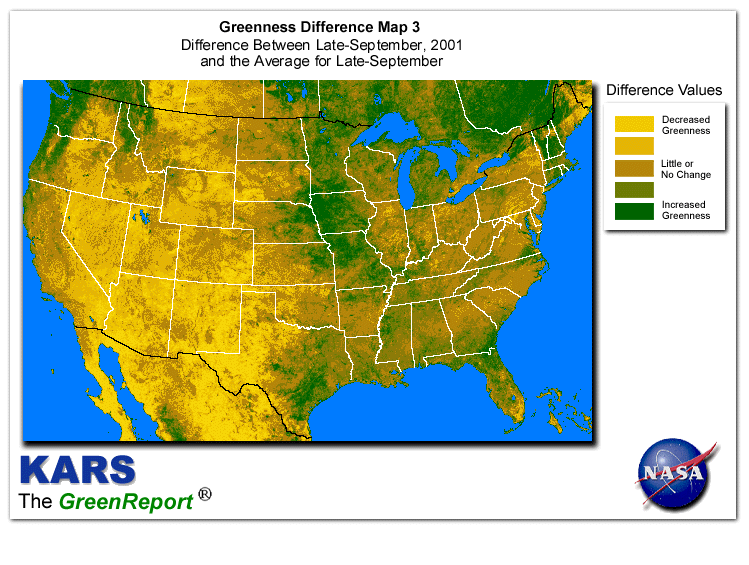 Color-coded U.S. vegetation greeness index map for Period 40 of 2001, illustrating spatial variations in plant vigor, with greener tones indicating higher biomass and browner tones indicating stressed vegetation,
              comparing current crop/vegetation change in biomass to the 20-year greenness average.