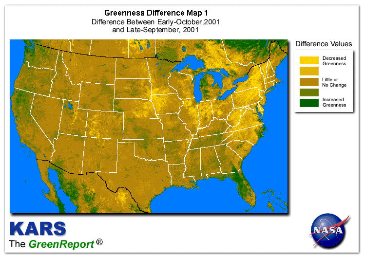 Color-coded U.S. vegetation greeness index map for Period 41 of 2001, illustrating spatial variations in plant vigor, with greener tones indicating higher biomass and browner tones indicating stressed vegetation,
              comparing current crop/vegetation change in biomass to the previous week within the same year.