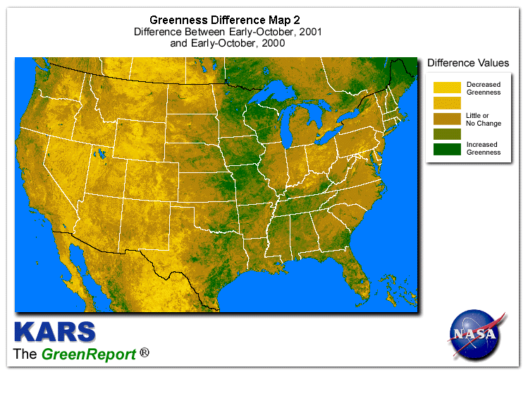 Color-coded U.S. vegetation greeness index map for Period 41 of 2001, illustrating spatial variations in plant vigor, with greener tones indicating higher biomass and browner tones indicating stressed vegetation,
              comparing current crop/vegetation change in biomass to same period from the previous year.