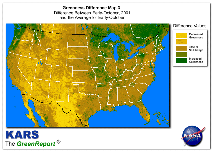 Color-coded U.S. vegetation greeness index map for Period 41 of 2001, illustrating spatial variations in plant vigor, with greener tones indicating higher biomass and browner tones indicating stressed vegetation,
              comparing current crop/vegetation change in biomass to the 20-year greenness average.