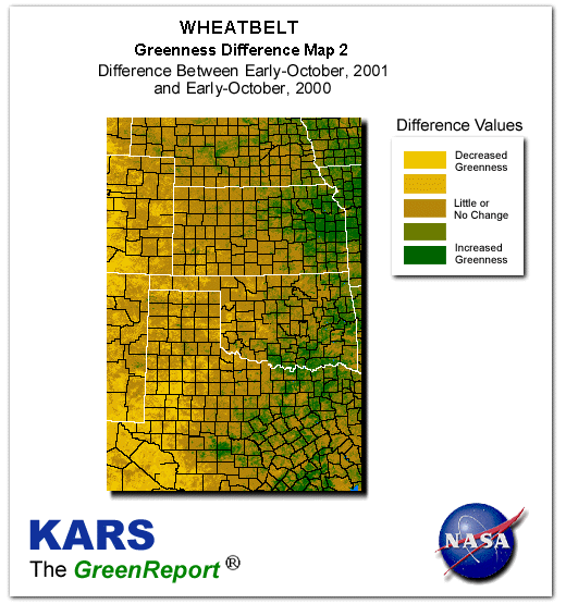 Color-coded Wheat Belt vegetation greeness index map for Period 41 of 2001, illustrating spatial variations in plant vigor, with greener tones indicating higher biomass and browner tones indicating stressed vegetation,
              comparing current crop/vegetation change in biomass to same period from the previous year.