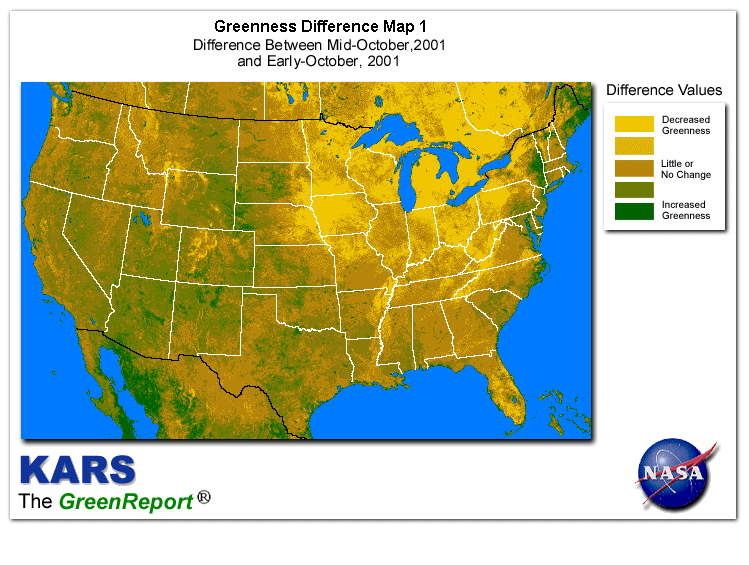 Color-coded U.S. vegetation greeness index map for Period 42 of 2001, illustrating spatial variations in plant vigor, with greener tones indicating higher biomass and browner tones indicating stressed vegetation,
              comparing current crop/vegetation change in biomass to the previous week within the same year.