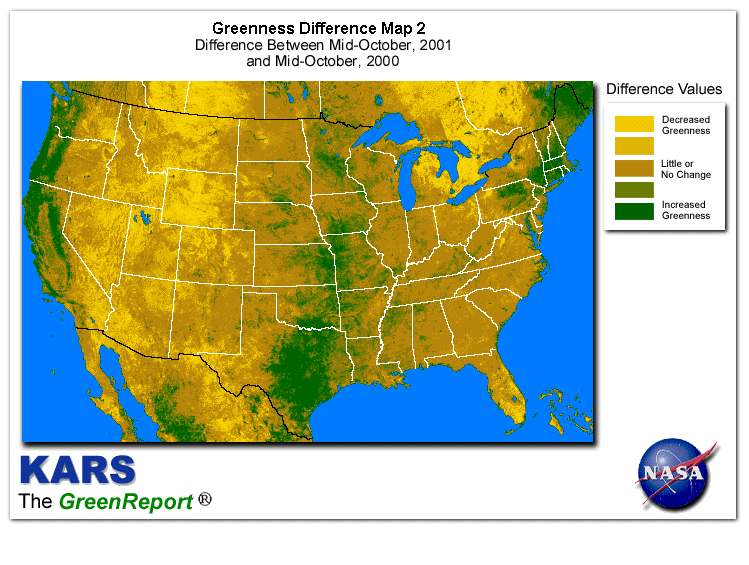 Color-coded U.S. vegetation greeness index map for Period 42 of 2001, illustrating spatial variations in plant vigor, with greener tones indicating higher biomass and browner tones indicating stressed vegetation,
              comparing current crop/vegetation change in biomass to same period from the previous year.