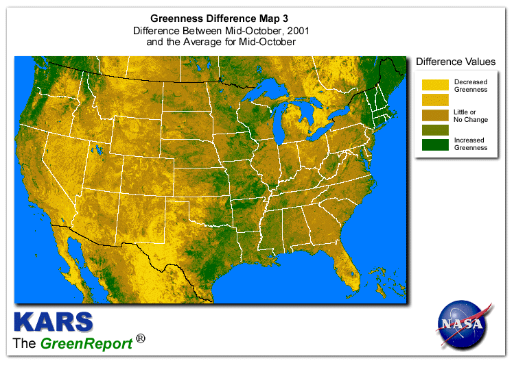 Color-coded U.S. vegetation greeness index map for Period 42 of 2001, illustrating spatial variations in plant vigor, with greener tones indicating higher biomass and browner tones indicating stressed vegetation,
              comparing current crop/vegetation change in biomass to the 20-year greenness average.