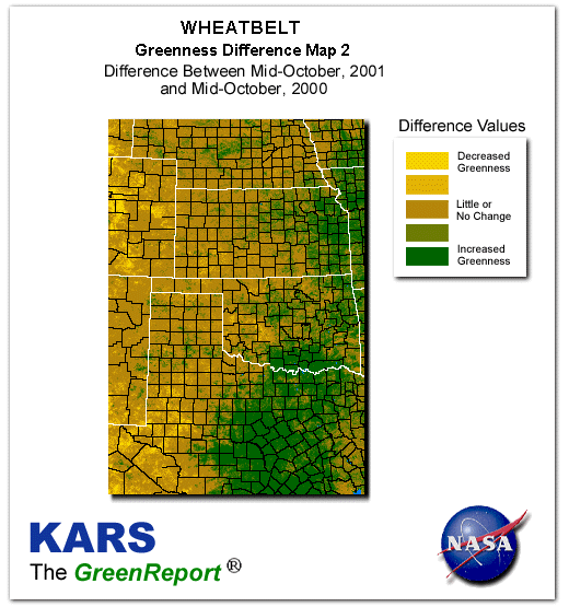 Color-coded Wheat Belt vegetation greeness index map for Period 42 of 2001, illustrating spatial variations in plant vigor, with greener tones indicating higher biomass and browner tones indicating stressed vegetation,
              comparing current crop/vegetation change in biomass to same period from the previous year.