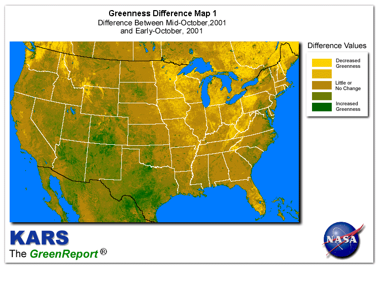Color-coded U.S. vegetation greeness index map for Period 43 of 2001, illustrating spatial variations in plant vigor, with greener tones indicating higher biomass and browner tones indicating stressed vegetation,
              comparing current crop/vegetation change in biomass to the previous week within the same year.