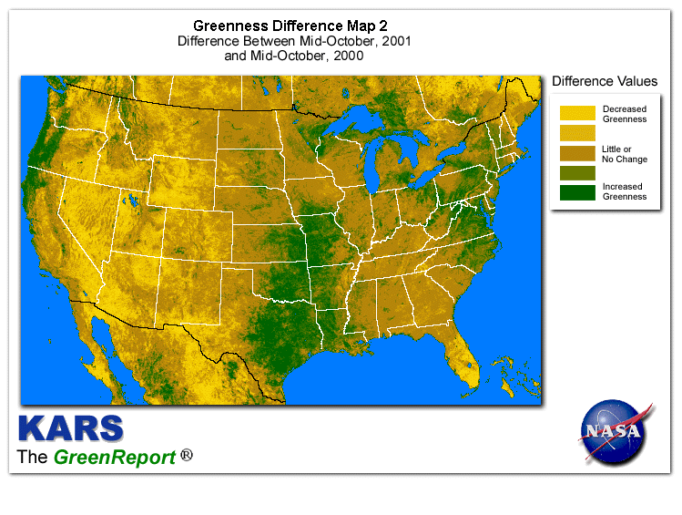 Color-coded U.S. vegetation greeness index map for Period 43 of 2001, illustrating spatial variations in plant vigor, with greener tones indicating higher biomass and browner tones indicating stressed vegetation,
              comparing current crop/vegetation change in biomass to same period from the previous year.
