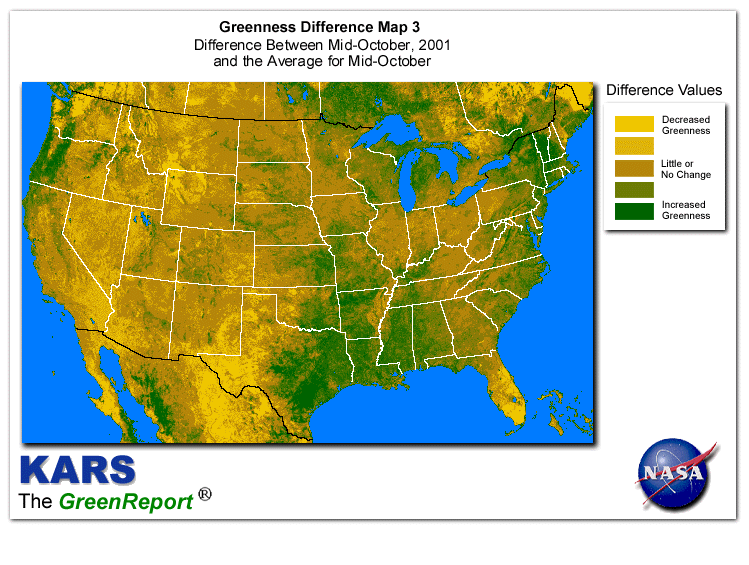 Color-coded U.S. vegetation greeness index map for Period 43 of 2001, illustrating spatial variations in plant vigor, with greener tones indicating higher biomass and browner tones indicating stressed vegetation,
              comparing current crop/vegetation change in biomass to the 20-year greenness average.