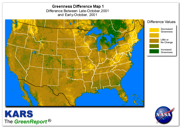 Color-coded U.S. vegetation greeness index map for Period 44 of 2001, illustrating spatial variations in plant vigor, with greener tones indicating higher biomass and browner tones indicating stressed vegetation,
              comparing current crop/vegetation change in biomass to the previous week within the same year.