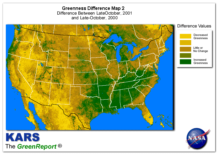 Color-coded U.S. vegetation greeness index map for Period 44 of 2001, illustrating spatial variations in plant vigor, with greener tones indicating higher biomass and browner tones indicating stressed vegetation,
              comparing current crop/vegetation change in biomass to same period from the previous year.