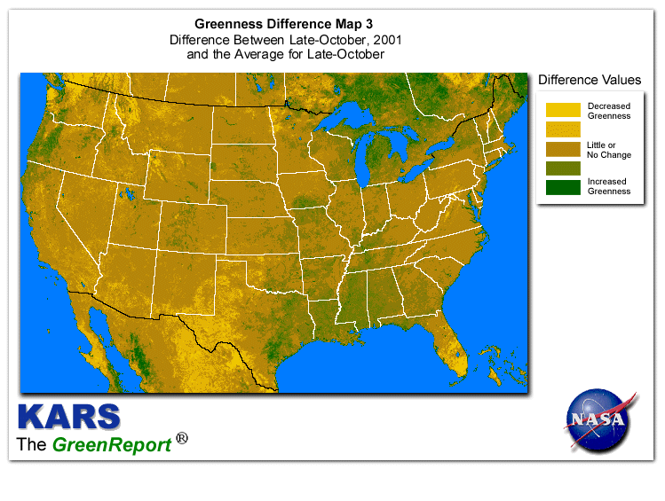 Color-coded U.S. vegetation greeness index map for Period 44 of 2001, illustrating spatial variations in plant vigor, with greener tones indicating higher biomass and browner tones indicating stressed vegetation,
              comparing current crop/vegetation change in biomass to the 20-year greenness average.