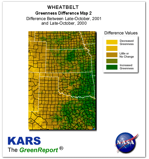 Color-coded Wheat Belt vegetation greeness index map for Period 44 of 2001, illustrating spatial variations in plant vigor, with greener tones indicating higher biomass and browner tones indicating stressed vegetation,
              comparing current crop/vegetation change in biomass to same period from the previous year.