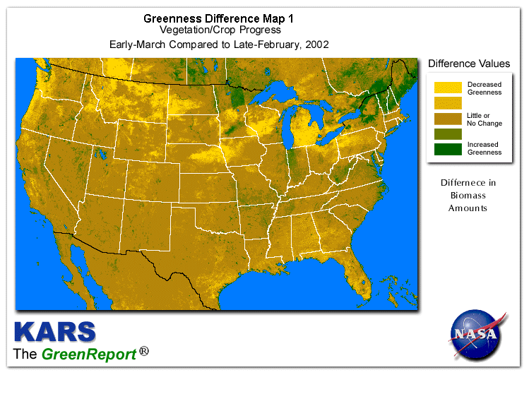 Color-coded U.S. vegetation greeness index map for Period 11 of 2002, illustrating spatial variations in plant vigor, with greener tones indicating higher biomass and browner tones indicating stressed vegetation,
              comparing current crop/vegetation change in biomass to the previous week within the same year.