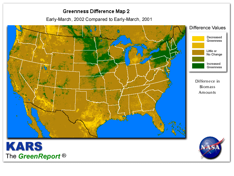 Color-coded U.S. vegetation greeness index map for Period 11 of 2002, illustrating spatial variations in plant vigor, with greener tones indicating higher biomass and browner tones indicating stressed vegetation,
              comparing current crop/vegetation change in biomass to same period from the previous year.