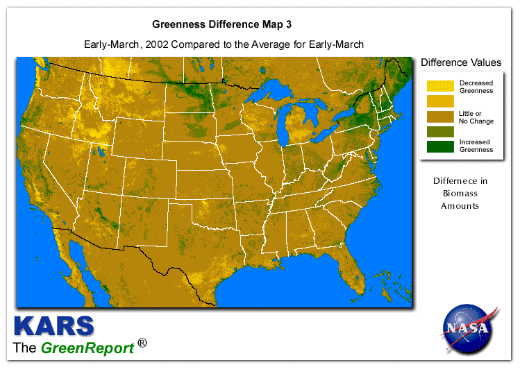 Color-coded U.S. vegetation greeness index map for Period 11 of 2002, illustrating spatial variations in plant vigor, with greener tones indicating higher biomass and browner tones indicating stressed vegetation,
              comparing current crop/vegetation change in biomass to the 20-year greenness average.