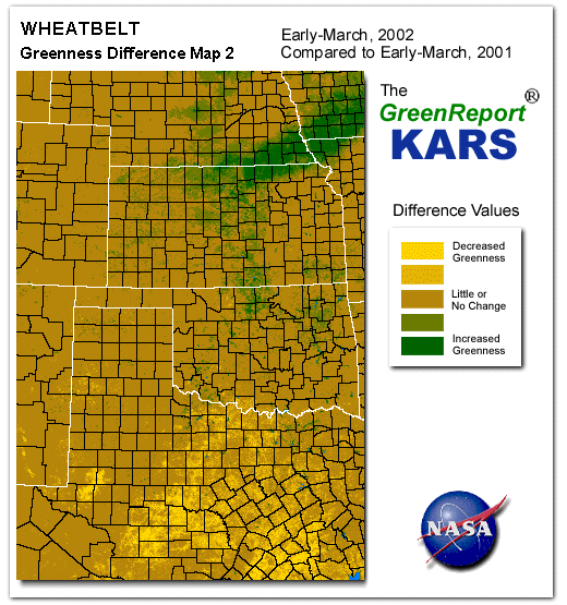 Color-coded Wheat Belt vegetation greeness index map for Period 11 of 2002, illustrating spatial variations in plant vigor, with greener tones indicating higher biomass and browner tones indicating stressed vegetation,
              comparing current crop/vegetation change in biomass to same period from the previous year.
