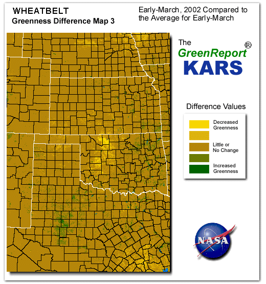 Color-coded Wheat Belt vegetation greeness index map for Period 11 of 2002, illustrating spatial variations in plant vigor, with greener tones indicating higher biomass and browner tones indicating stressed vegetation,
              comparing current crop/vegetation change in biomass to the 20-year greenness average.