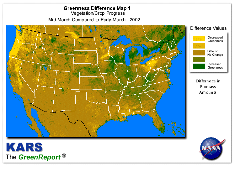 Color-coded U.S. vegetation greeness index map for Period 12 of 2002, illustrating spatial variations in plant vigor, with greener tones indicating higher biomass and browner tones indicating stressed vegetation,
              comparing current crop/vegetation change in biomass to the previous week within the same year.