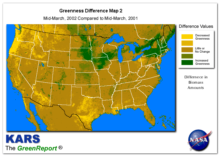 Color-coded U.S. vegetation greeness index map for Period 12 of 2002, illustrating spatial variations in plant vigor, with greener tones indicating higher biomass and browner tones indicating stressed vegetation,
              comparing current crop/vegetation change in biomass to same period from the previous year.