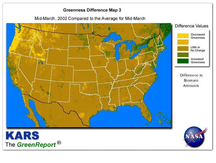 Color-coded U.S. vegetation greeness index map for Period 12 of 2002, illustrating spatial variations in plant vigor, with greener tones indicating higher biomass and browner tones indicating stressed vegetation,
              comparing current crop/vegetation change in biomass to the 20-year greenness average.