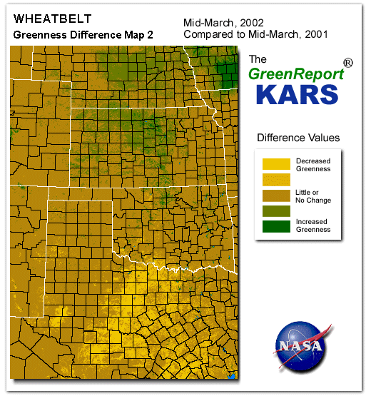 Color-coded Wheat Belt vegetation greeness index map for Period 12 of 2002, illustrating spatial variations in plant vigor, with greener tones indicating higher biomass and browner tones indicating stressed vegetation,
              comparing current crop/vegetation change in biomass to same period from the previous year.