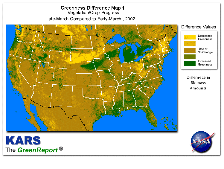 Color-coded U.S. vegetation greeness index map for Period 13 of 2002, illustrating spatial variations in plant vigor, with greener tones indicating higher biomass and browner tones indicating stressed vegetation,
              comparing current crop/vegetation change in biomass to the previous week within the same year.