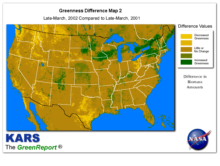 Color-coded U.S. vegetation greeness index map for Period 13 of 2002, illustrating spatial variations in plant vigor, with greener tones indicating higher biomass and browner tones indicating stressed vegetation,
              comparing current crop/vegetation change in biomass to same period from the previous year.