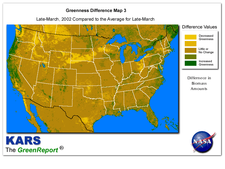 Color-coded U.S. vegetation greeness index map for Period 13 of 2002, illustrating spatial variations in plant vigor, with greener tones indicating higher biomass and browner tones indicating stressed vegetation,
              comparing current crop/vegetation change in biomass to the 20-year greenness average.