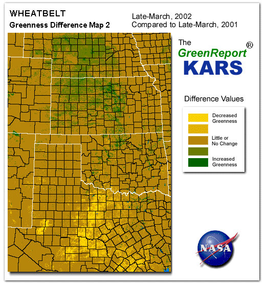 Color-coded Wheat Belt vegetation greeness index map for Period 13 of 2002, illustrating spatial variations in plant vigor, with greener tones indicating higher biomass and browner tones indicating stressed vegetation,
              comparing current crop/vegetation change in biomass to same period from the previous year.