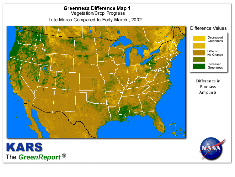 Color-coded U.S. vegetation greeness index map for Period 14 of 2002, illustrating spatial variations in plant vigor, with greener tones indicating higher biomass and browner tones indicating stressed vegetation,
              comparing current crop/vegetation change in biomass to the previous week within the same year.