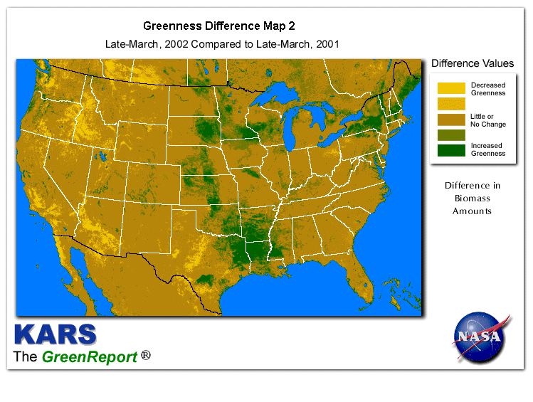 Color-coded U.S. vegetation greeness index map for Period 14 of 2002, illustrating spatial variations in plant vigor, with greener tones indicating higher biomass and browner tones indicating stressed vegetation,
              comparing current crop/vegetation change in biomass to same period from the previous year.