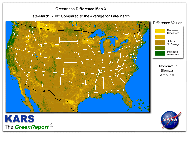 Color-coded U.S. vegetation greeness index map for Period 14 of 2002, illustrating spatial variations in plant vigor, with greener tones indicating higher biomass and browner tones indicating stressed vegetation,
              comparing current crop/vegetation change in biomass to the 20-year greenness average.