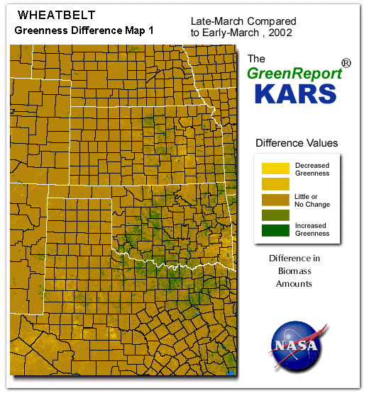 Color-coded Wheat Belt vegetation greeness index map for Period 14 of 2002, illustrating spatial variations in plant vigor, with greener tones indicating higher biomass and browner tones indicating stressed vegetation,
              comparing current crop/vegetation change in biomass to the previous week within the same year.