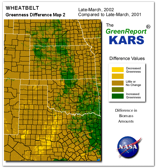 Color-coded Wheat Belt vegetation greeness index map for Period 14 of 2002, illustrating spatial variations in plant vigor, with greener tones indicating higher biomass and browner tones indicating stressed vegetation,
              comparing current crop/vegetation change in biomass to same period from the previous year.