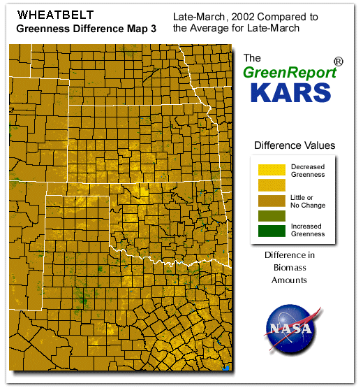 Color-coded Wheat Belt vegetation greeness index map for Period 14 of 2002, illustrating spatial variations in plant vigor, with greener tones indicating higher biomass and browner tones indicating stressed vegetation,
              comparing current crop/vegetation change in biomass to the 20-year greenness average.
