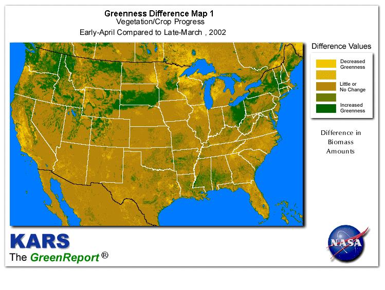 Color-coded U.S. vegetation greeness index map for Period 15 of 2002, illustrating spatial variations in plant vigor, with greener tones indicating higher biomass and browner tones indicating stressed vegetation,
              comparing current crop/vegetation change in biomass to the previous week within the same year.