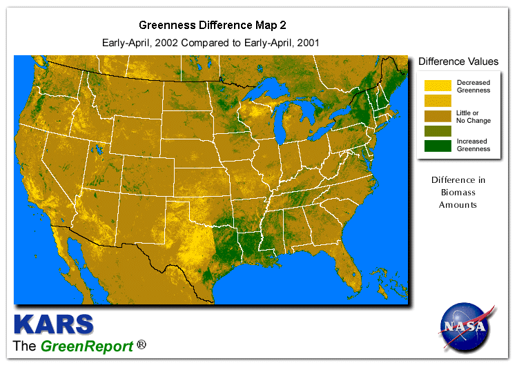 Color-coded U.S. vegetation greeness index map for Period 15 of 2002, illustrating spatial variations in plant vigor, with greener tones indicating higher biomass and browner tones indicating stressed vegetation,
              comparing current crop/vegetation change in biomass to same period from the previous year.