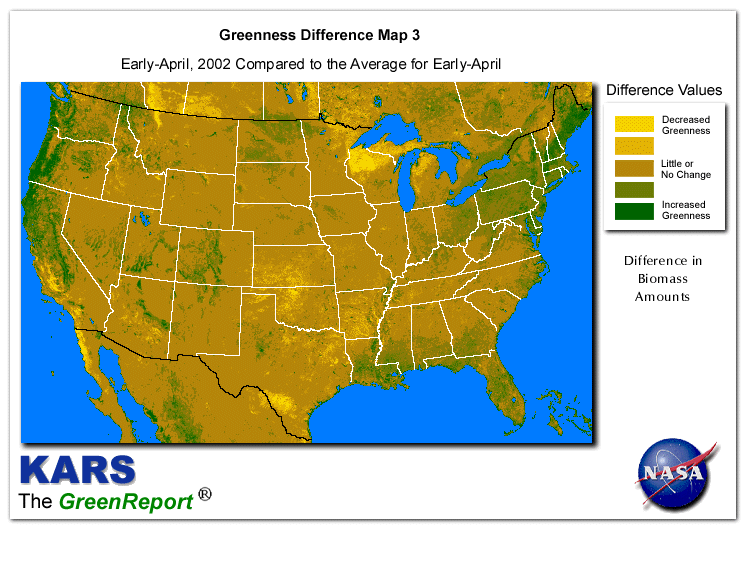 Color-coded U.S. vegetation greeness index map for Period 15 of 2002, illustrating spatial variations in plant vigor, with greener tones indicating higher biomass and browner tones indicating stressed vegetation,
              comparing current crop/vegetation change in biomass to the 20-year greenness average.