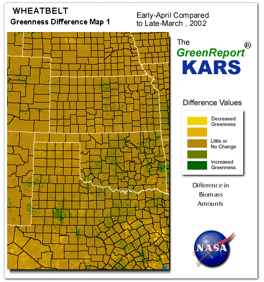 Color-coded Wheat Belt vegetation greeness index map for Period 15 of 2002, illustrating spatial variations in plant vigor, with greener tones indicating higher biomass and browner tones indicating stressed vegetation,
              comparing current crop/vegetation change in biomass to the previous week within the same year.