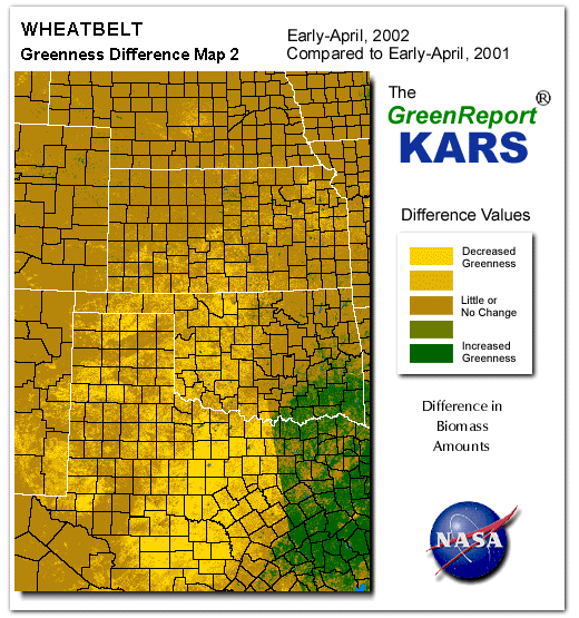 Color-coded Wheat Belt vegetation greeness index map for Period 15 of 2002, illustrating spatial variations in plant vigor, with greener tones indicating higher biomass and browner tones indicating stressed vegetation,
              comparing current crop/vegetation change in biomass to same period from the previous year.