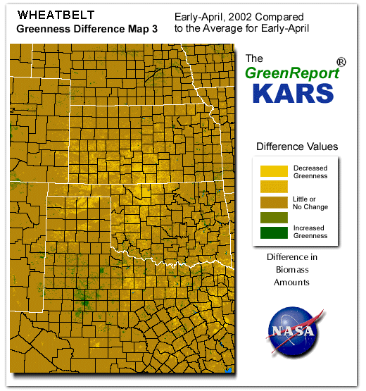 Color-coded Wheat Belt vegetation greeness index map for Period 15 of 2002, illustrating spatial variations in plant vigor, with greener tones indicating higher biomass and browner tones indicating stressed vegetation,
              comparing current crop/vegetation change in biomass to the 20-year greenness average.