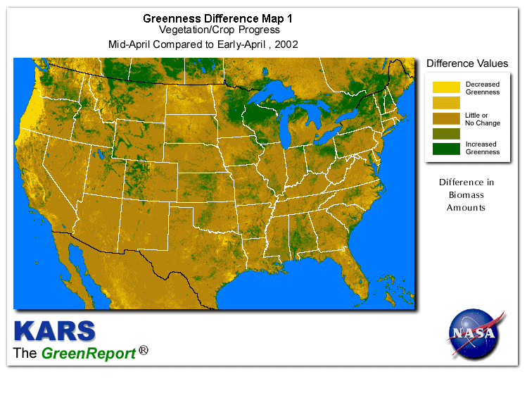 Color-coded U.S. vegetation greeness index map for Period 16 of 2002, illustrating spatial variations in plant vigor, with greener tones indicating higher biomass and browner tones indicating stressed vegetation,
              comparing current crop/vegetation change in biomass to the previous week within the same year.