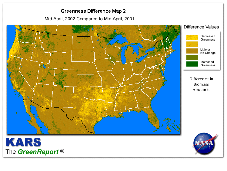 Color-coded U.S. vegetation greeness index map for Period 16 of 2002, illustrating spatial variations in plant vigor, with greener tones indicating higher biomass and browner tones indicating stressed vegetation,
              comparing current crop/vegetation change in biomass to same period from the previous year.
