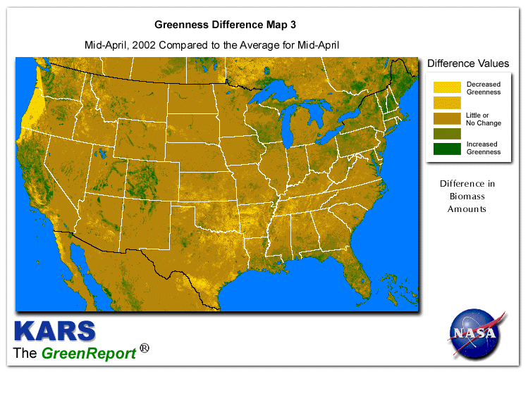 Color-coded U.S. vegetation greeness index map for Period 16 of 2002, illustrating spatial variations in plant vigor, with greener tones indicating higher biomass and browner tones indicating stressed vegetation,
              comparing current crop/vegetation change in biomass to the 20-year greenness average.